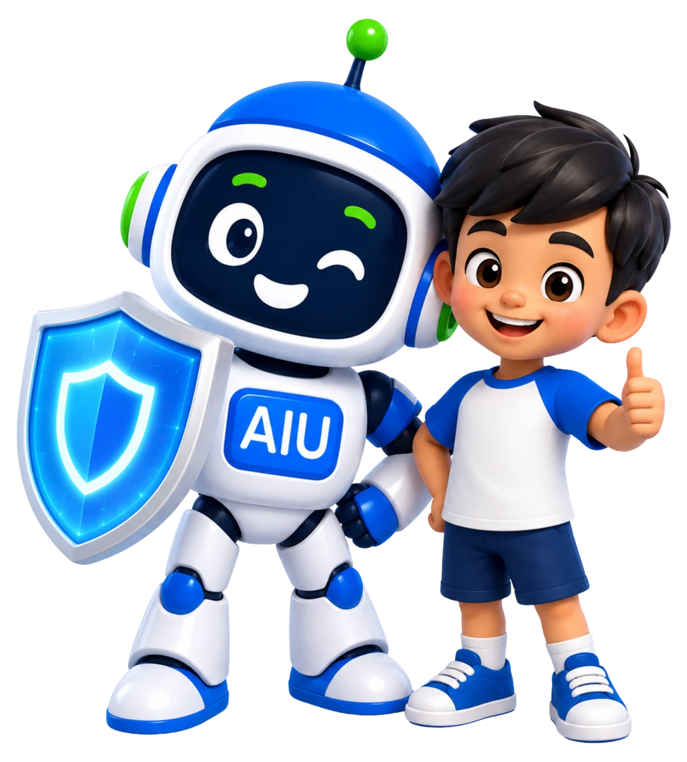 The AIU mascot holding a safety shield